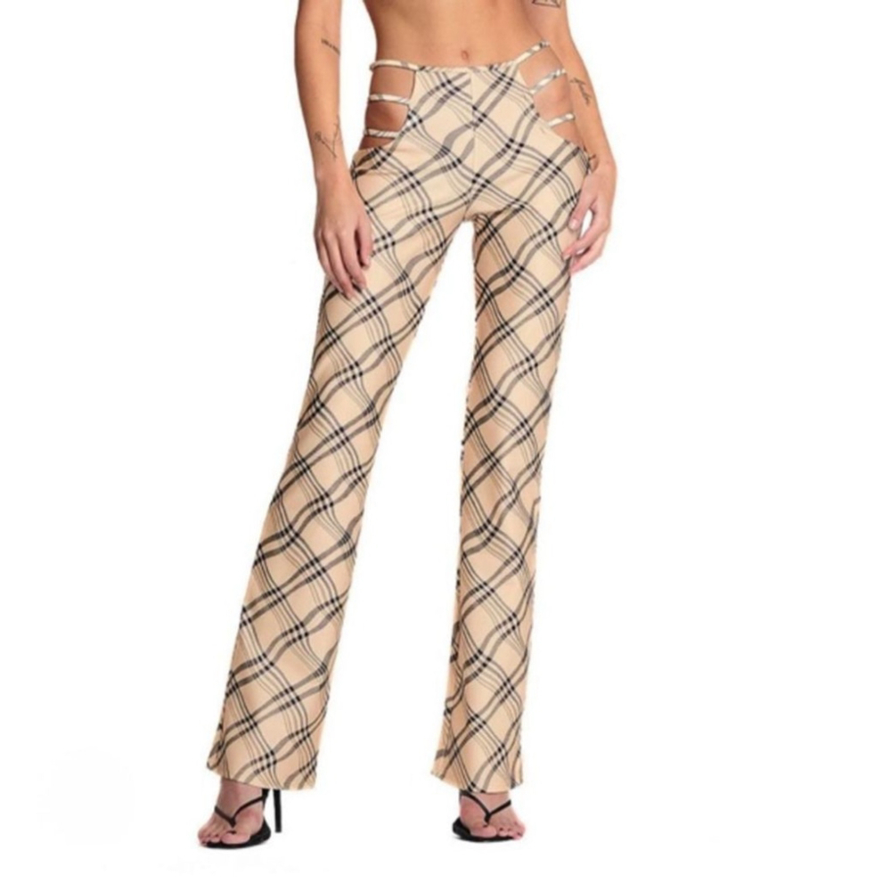 I.AM.GIA Boot Lucid Cut & Flare Pants M Beige Black Plaid Cutout